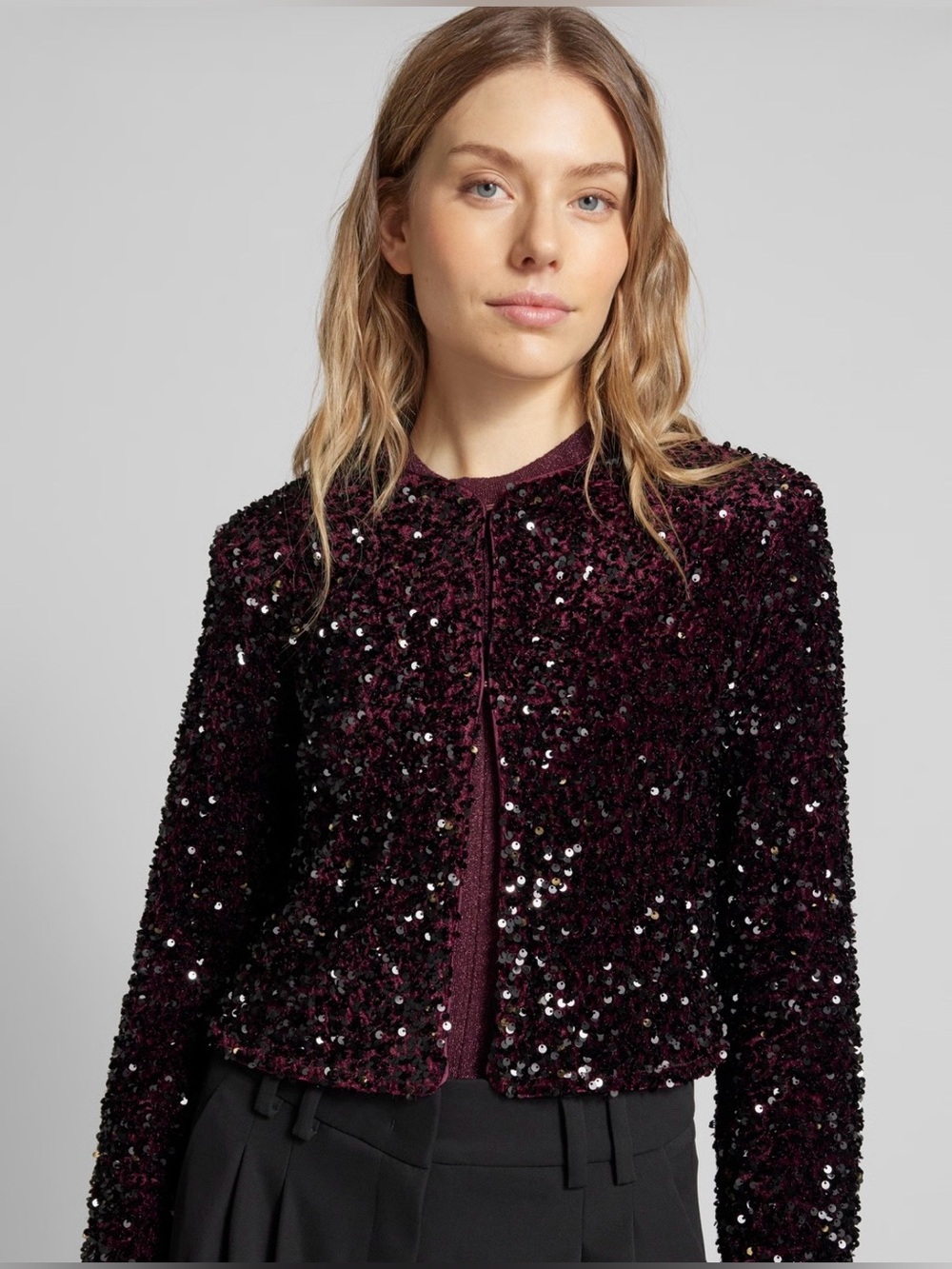 Mango Sequined Velvet Cropped Jacket - Wine